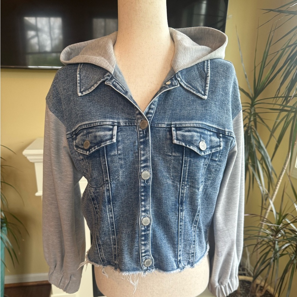 INC size small hooded cropped jean jacket.